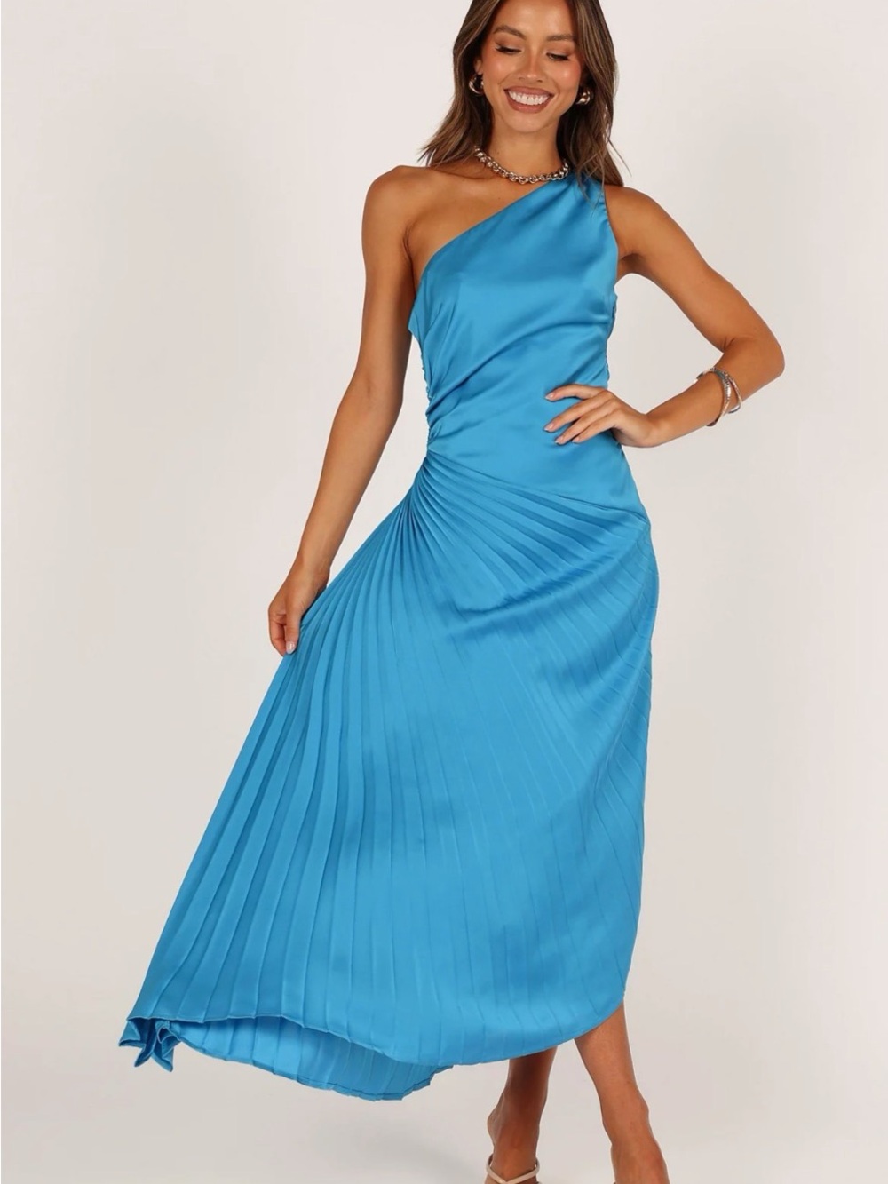 One-Shoulder Teal Pleated Evening Dress